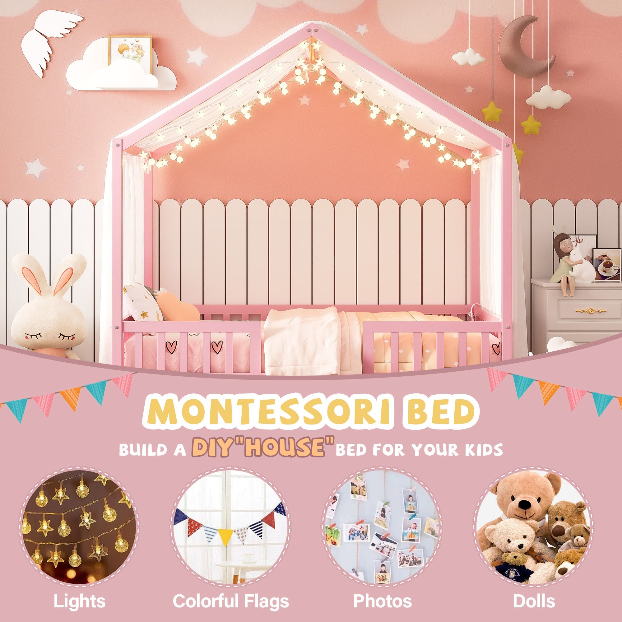 Montessori Floor Bed with Canopy, Full Bed Frame for Kids, House Shape Kids Bed Frame with High Railings, Wood Kids Bed with Roof, Kid Full Bed, Pink