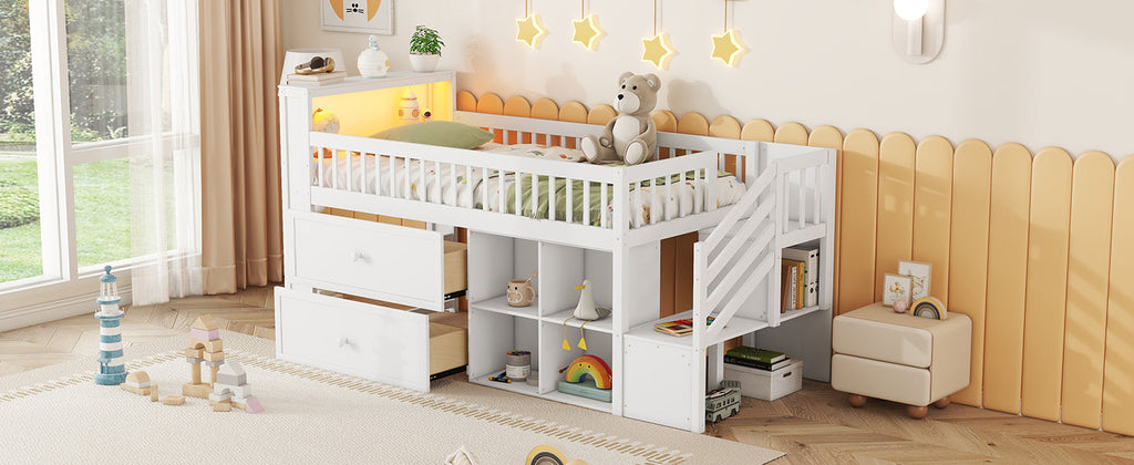 Twin Size Loft Bed with LED and Bookshelf, Wood Low Loft Bed with Stairs, Kids Twin Loft Bed with Storage Drawers and Shelves,White (Expect Arrival Date 2025/1/20)