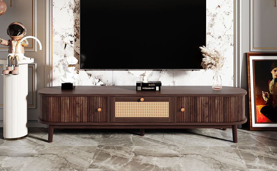 Modern Design TV Stand for 75' TVs, Media Console TV Cabinet with Rattan-Front Drawer for Living Room, 1 Drawer and 2 Sliding-Door Cabinets