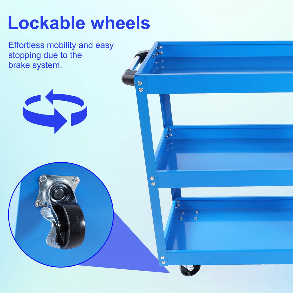 Tool Cart on Wheels, 3 Tier Rolling Mechanic Tool Cart, Heavy Duty Steel Utility Cart w/Lockable Wheels, 450 LBS Capacity Industrial Service Cart for Garage, Warehouse, Workshop (blue)