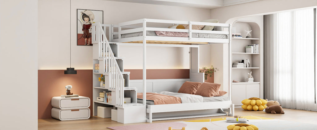 Full Over Full Size Murphy Bed with Hydraulic Lift & Desk Design, White