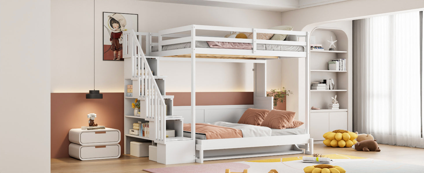 Full Over Full Size Murphy Bed with Hydraulic Lift & Desk Design, White