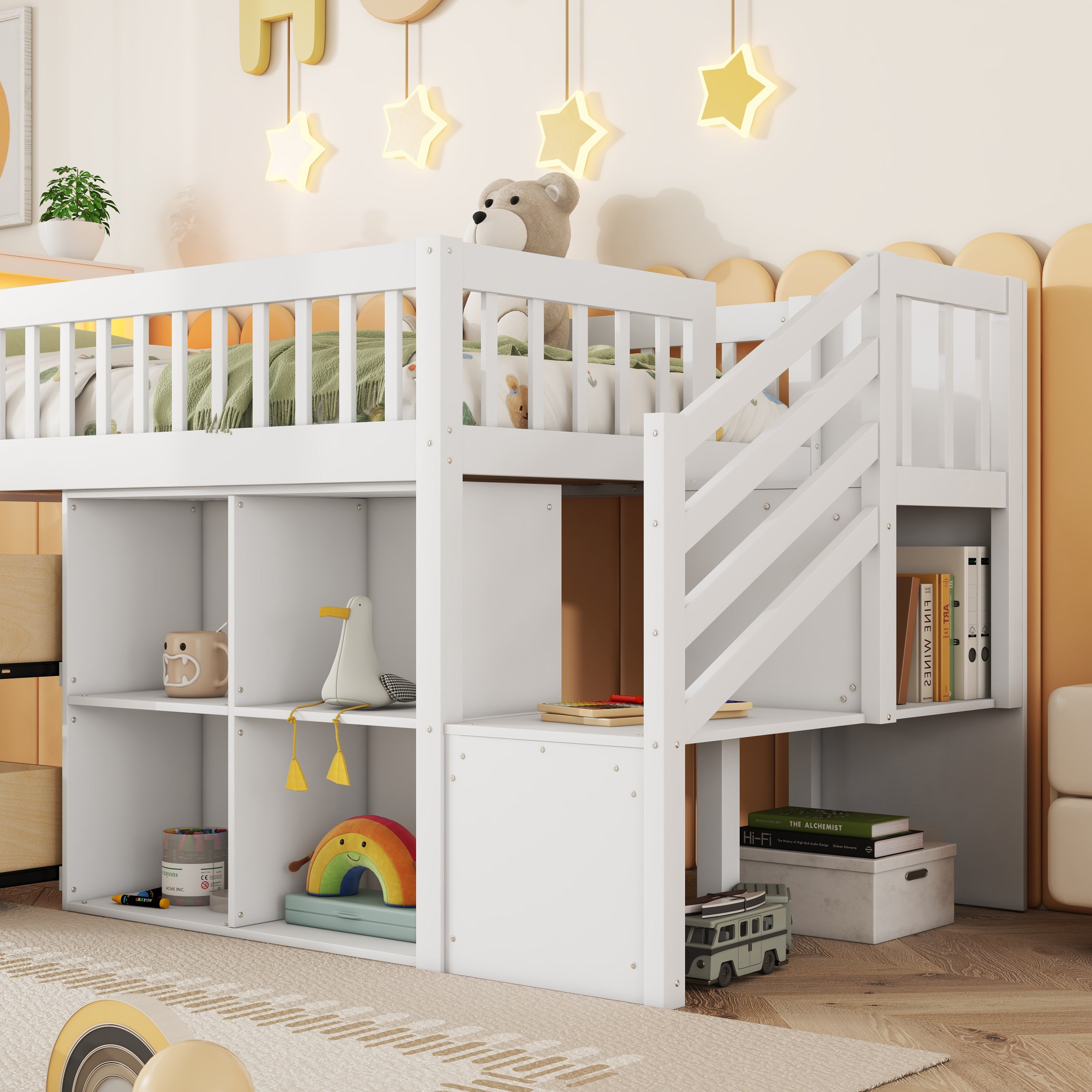 Twin Size Loft Bed with LED and Bookshelf, Wood Low Loft Bed with Stairs, Kids Twin Loft Bed with Storage Drawers and Shelves,White (Expect Arrival Date 2025/1/20)