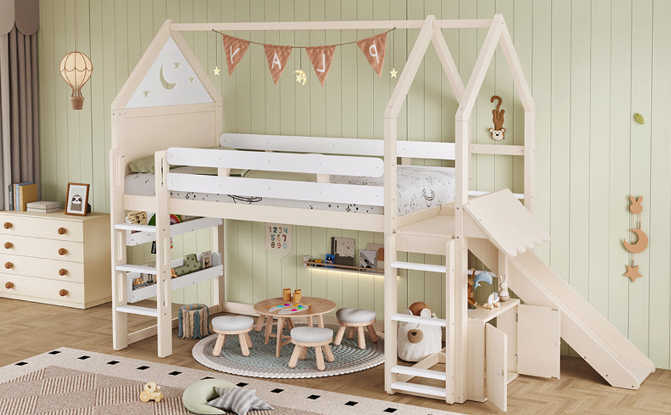 Twin Size Loft Bed with Bookshelf Playful Design for Kids House-Shaped Structure with Slide High-Quality Safety Rails,Beige
