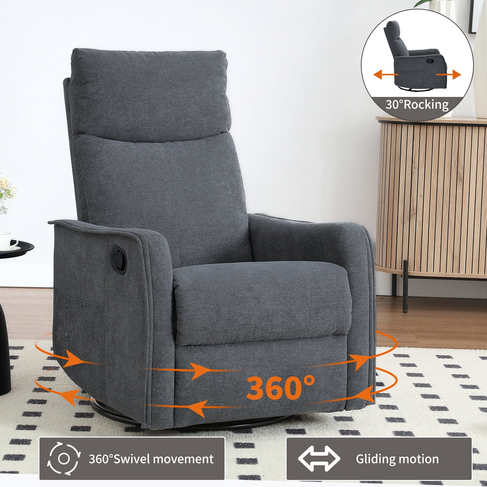 Heat Massage Manual Recliner Chair with Rocker and Swivel in Fabric for Living Room, Grey