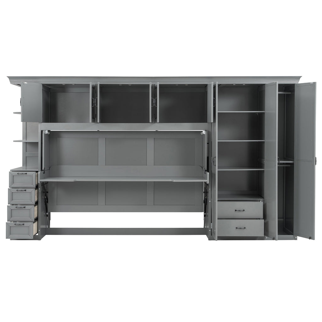 Twin Size Murphy Bed Wall Bed with Wardrobe, Cabinet and Desk, Gray