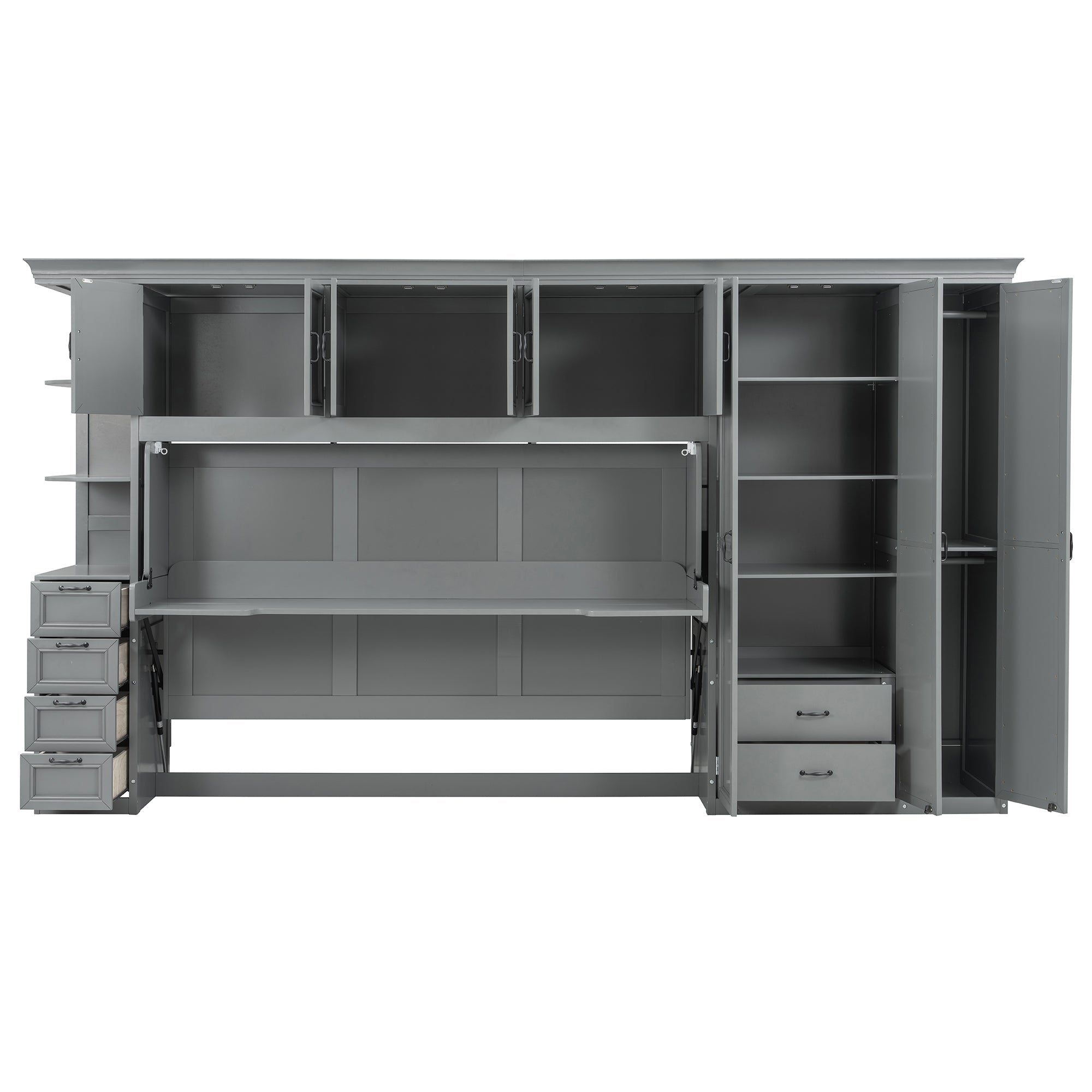 Twin Size Murphy Bed Wall Bed with Wardrobe, Cabinet and Desk, Gray