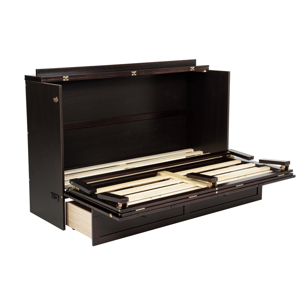 Queen Size Murphy Bed, Pine Wood Cabinet Bed with Power Station and Rattan Decoration Panel,Espresso