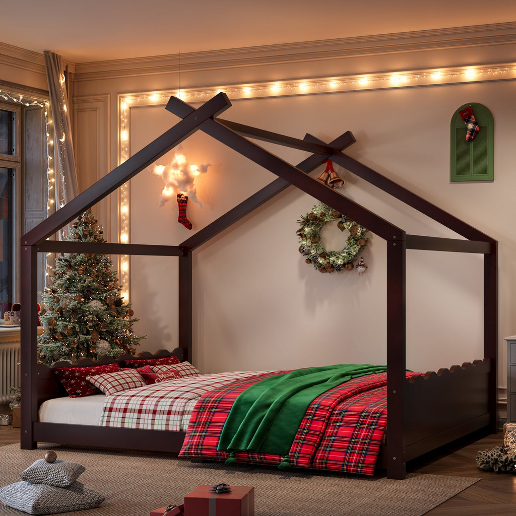 Queen House Floor Bed with Support Slats, Solid Wood House Bed Frame for Kids, No Box Spring Needed and Opening Constructure, Espresso
