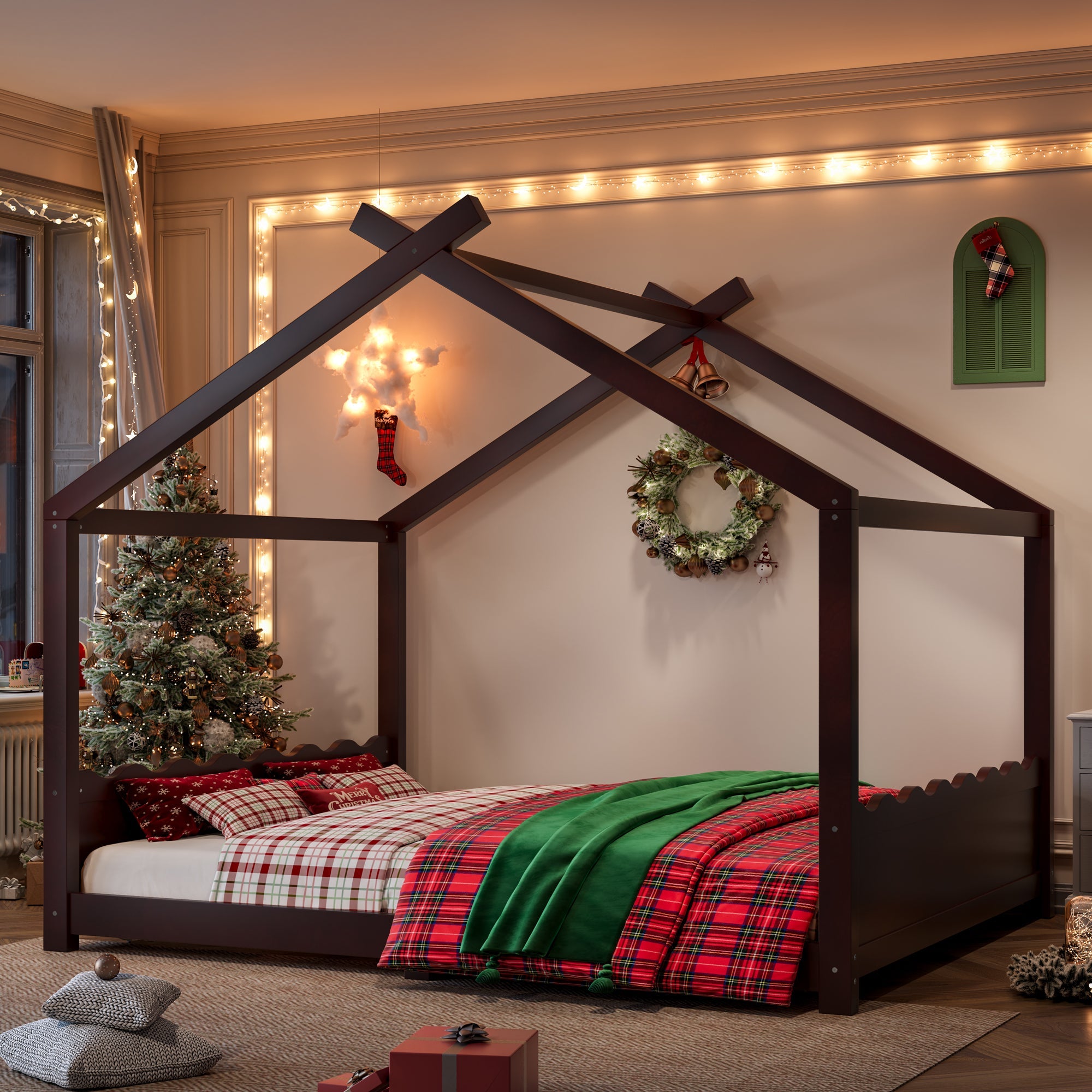 Queen House Floor Bed with Support Slats, Solid Wood House Bed Frame for Kids, No Box Spring Needed and Opening Constructure, Espresso