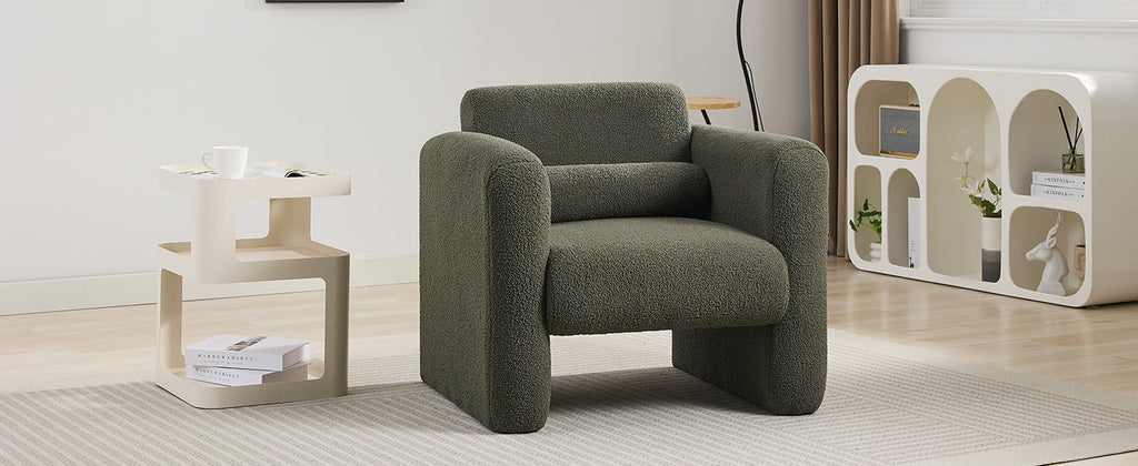 Modern Accent Chair Lambskin Sherpa Fabric Upholstered Comfy Reading Arm Chair Seaweed Green