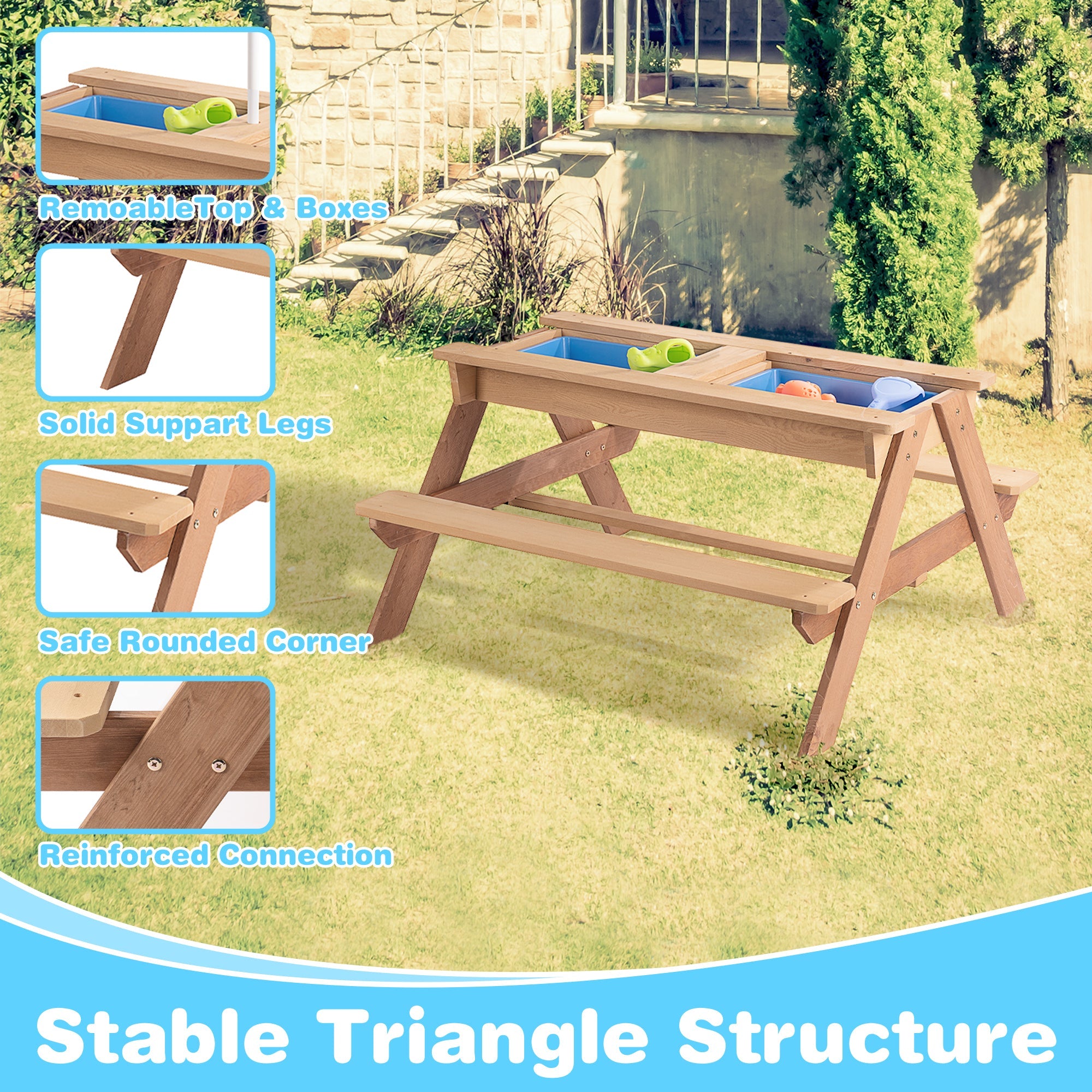D-road 3-in-1 Kids Outdoor Wooden Picnic Table with Adjustable Umbrella and Convertible Sand & Water Activity, Gray, Solid Cedar Wood