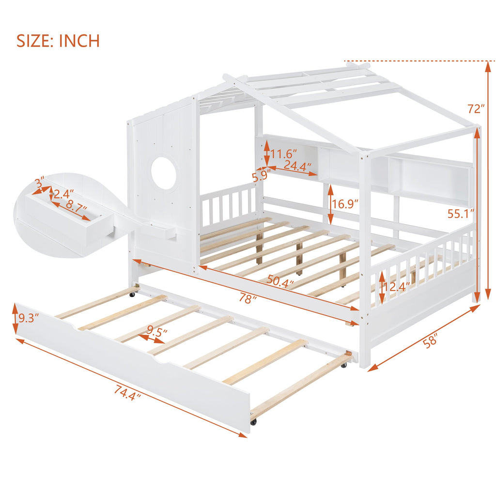 Wooden Full Size House Bed With Trundle, Modern Design for Kids with Storage Shlef, White(old SKU HL000095AAW)