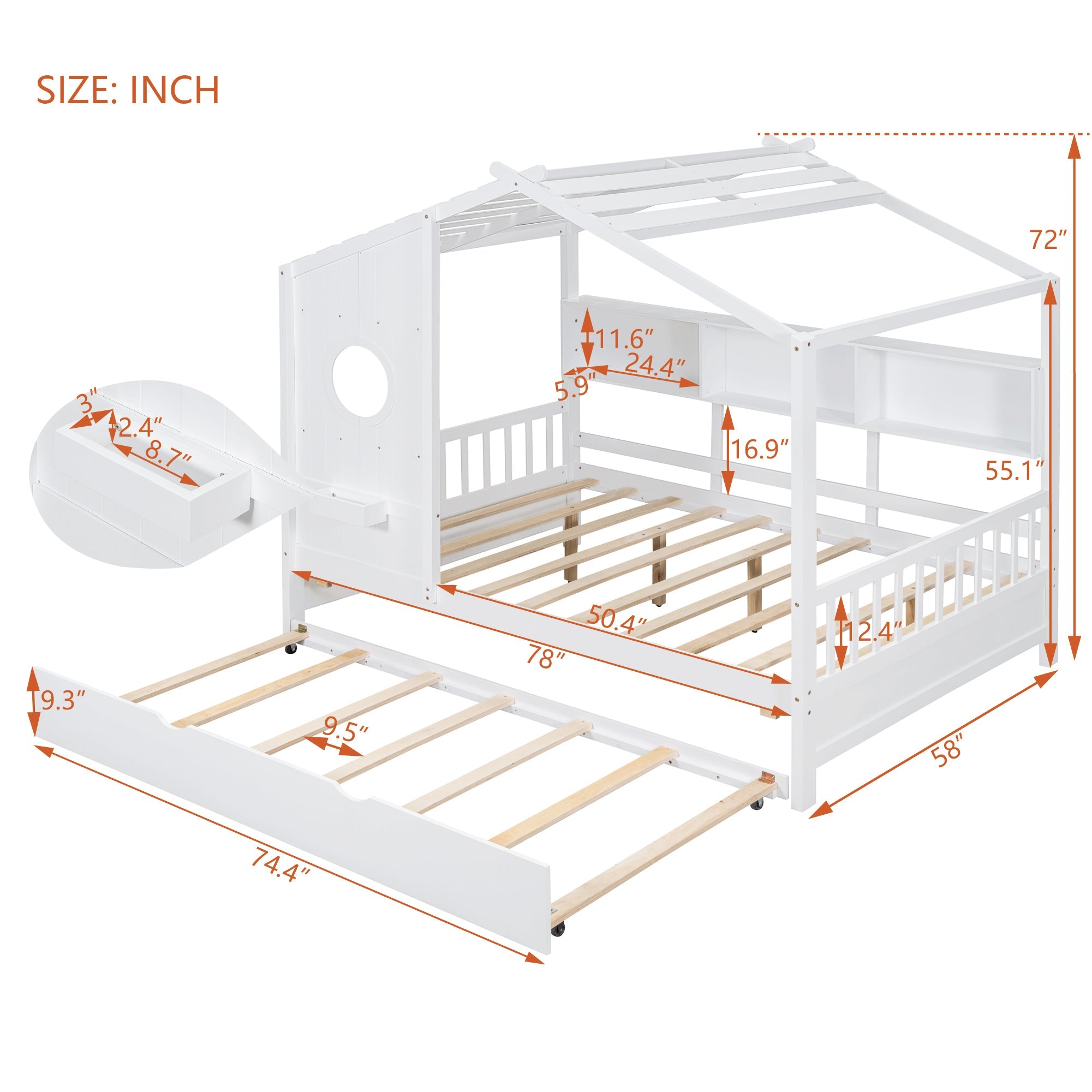 Wooden Full Size House Bed With Trundle, Modern Design for Kids with Storage Shlef, White(old SKU HL000095AAW)
