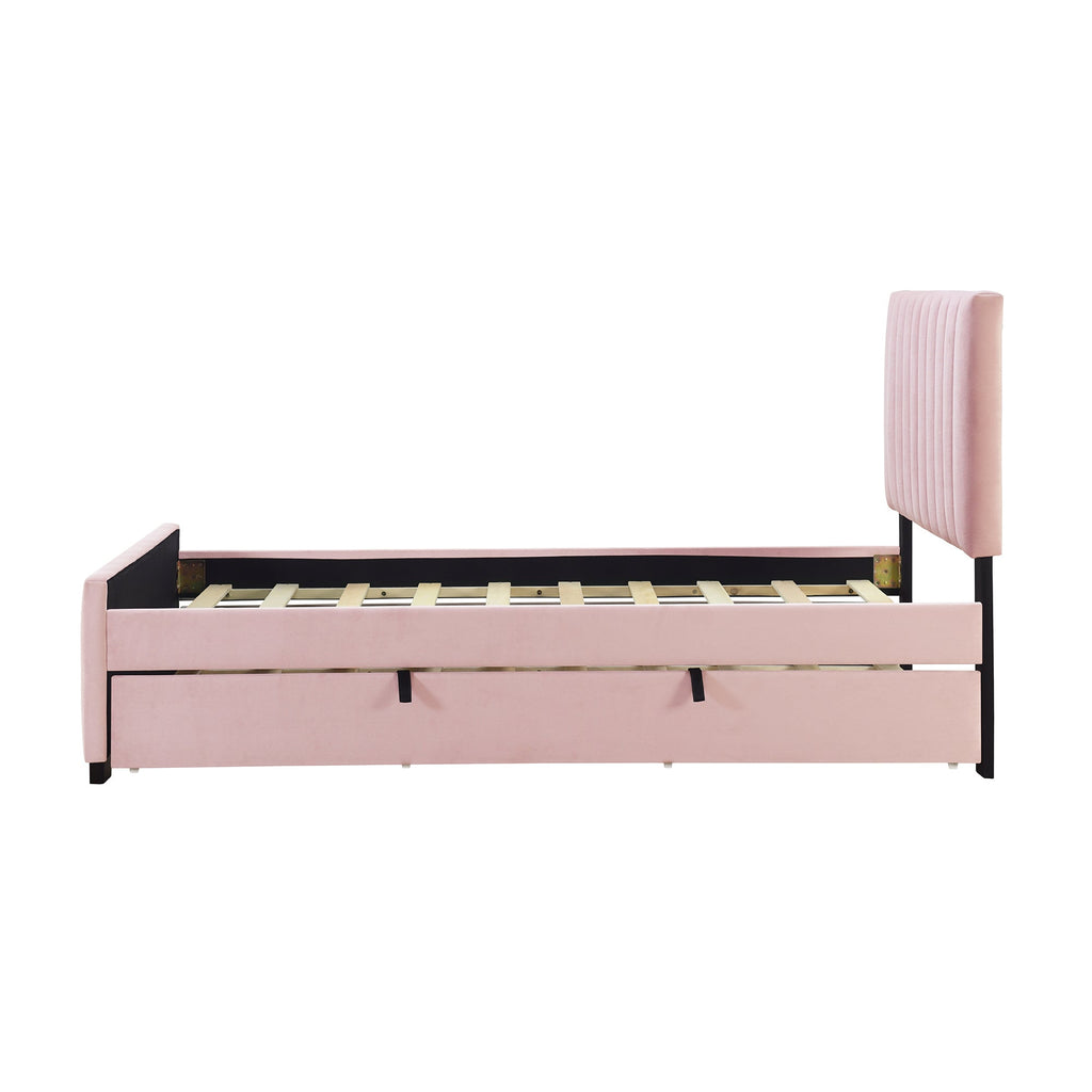 Twin Size Velvet Upholstered Platform Bed with Twin Size Trundle, Pink