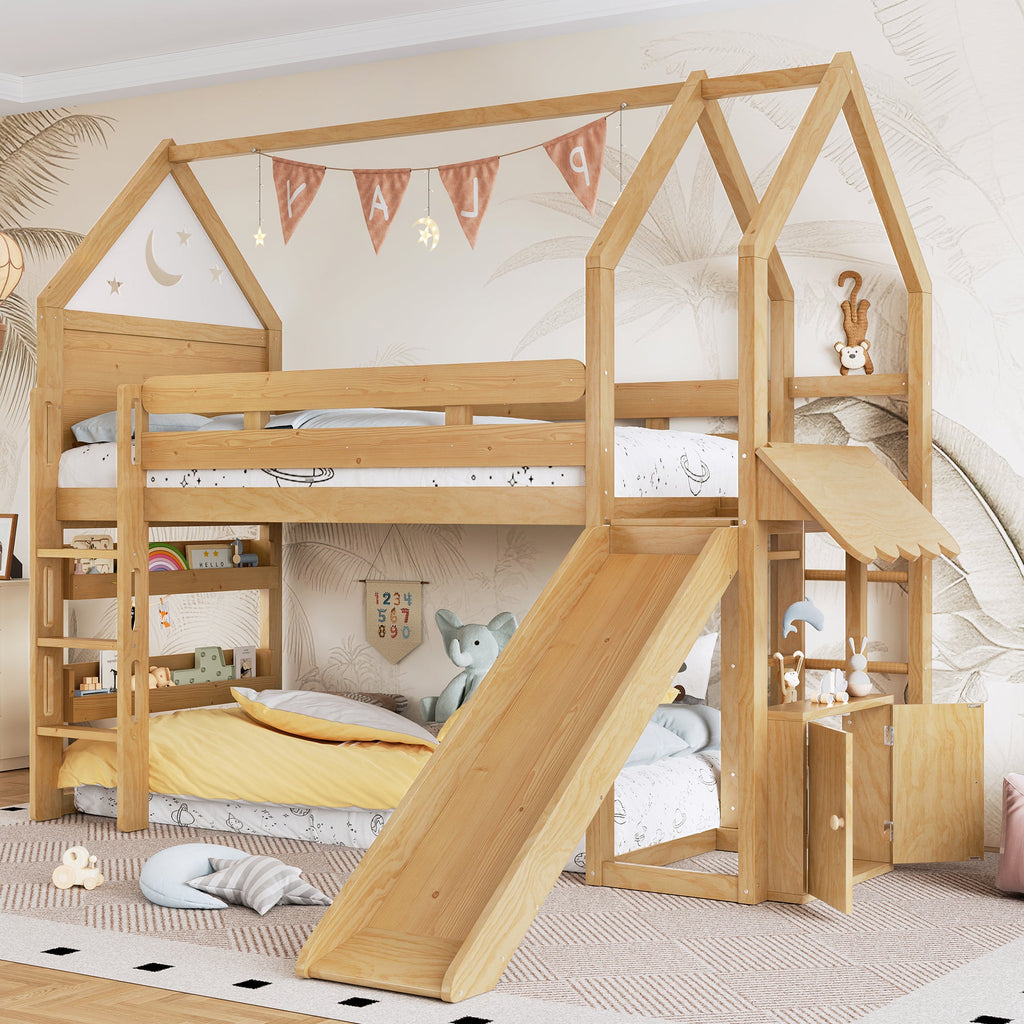 Twin Size Loft Bed with Bookshelf Playful Design for Kids House-Shaped Structure with Slide High-Quality Safety Rails,Natural