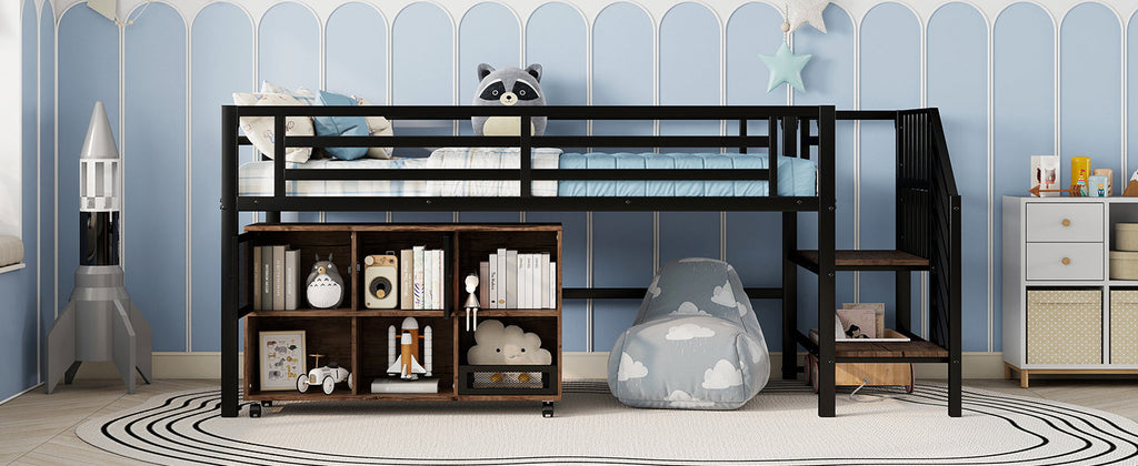 Twin Metal Loft Bed with Storage Cubby, Low Metal Loft Bed with Stairs for Kids, Black, Expect Arrival Date 2025/11/10