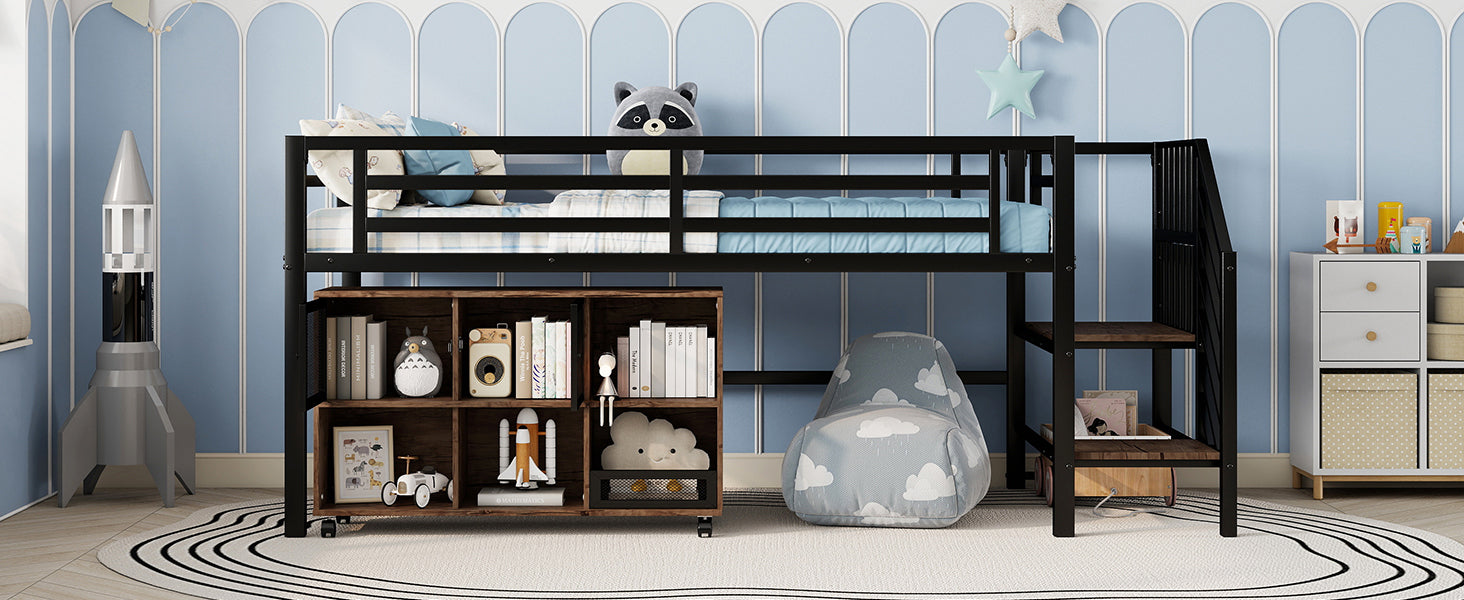 Twin Metal Loft Bed with Storage Cubby, Low Metal Loft Bed with Stairs for Kids, Black, Expect Arrival Date 2025/11/10