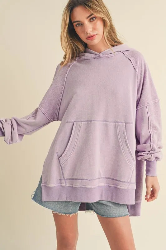 Aemi + Co Exposed Seam Side Slit Hoodie with Kangaroo Pocket
