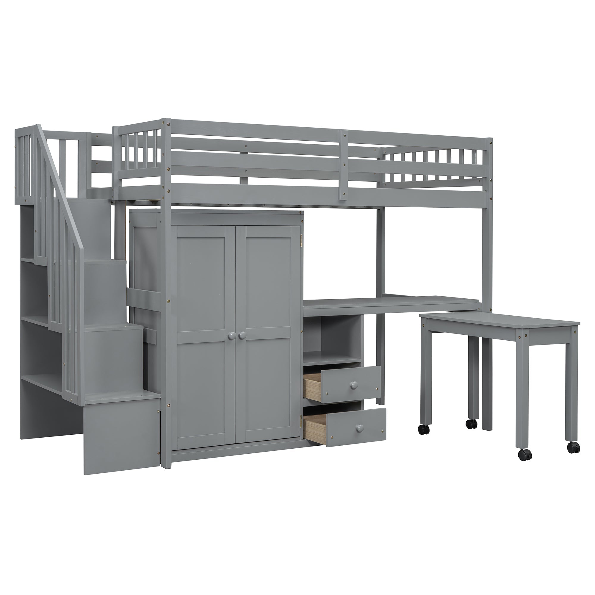 Twin Size Loft Bed with Stairs, Bookshelf, Drawers, Desk & Wardrobe – Space-Saving Multifunctional Furniture for Kids & Teens-Gray