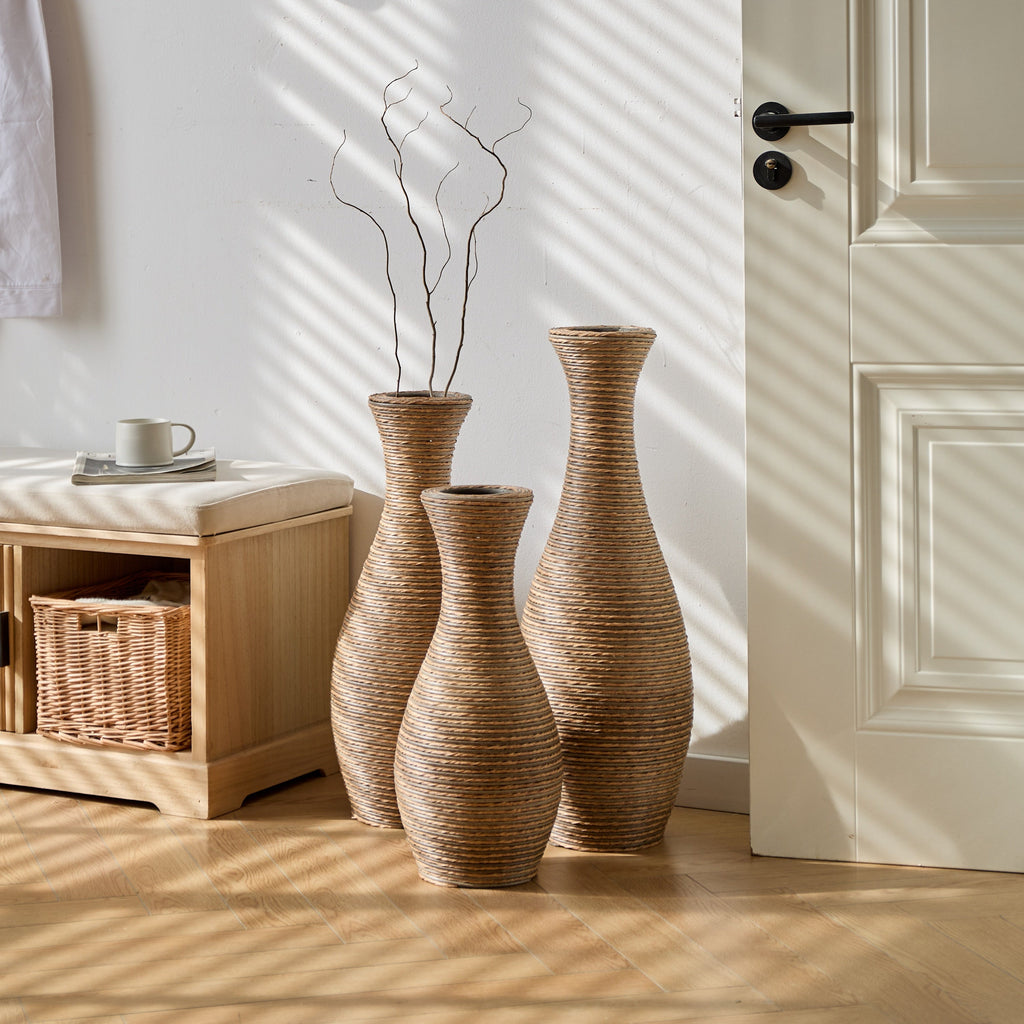 3-Piece Artificial Rattan Floor Vase Set – Decorative Accent for Living Room, Hallway & Entryway, Ideal for Dried or Silk Flower Arrangements, Beige