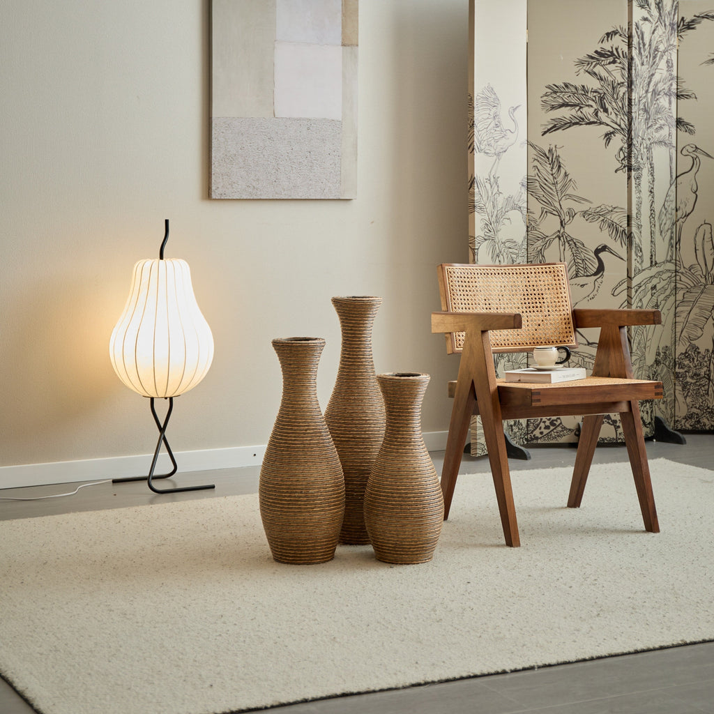3-Piece Artificial Rattan Floor Vase Set – Decorative Accent for Living Room, Hallway & Entryway, Ideal for Dried or Silk Flower Arrangements, Beige