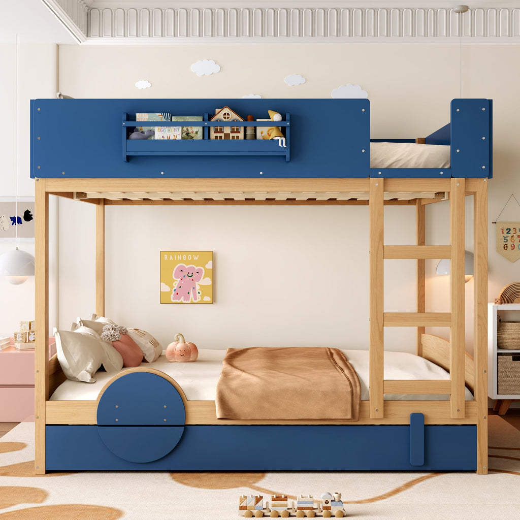Queen Bunk Bed with Trundle , Wood Bunk Bed Frame with Built-in Bookshelf and High-quality Safety Guardrail,Automobile Form Design for Kids ,Blue＆Natural