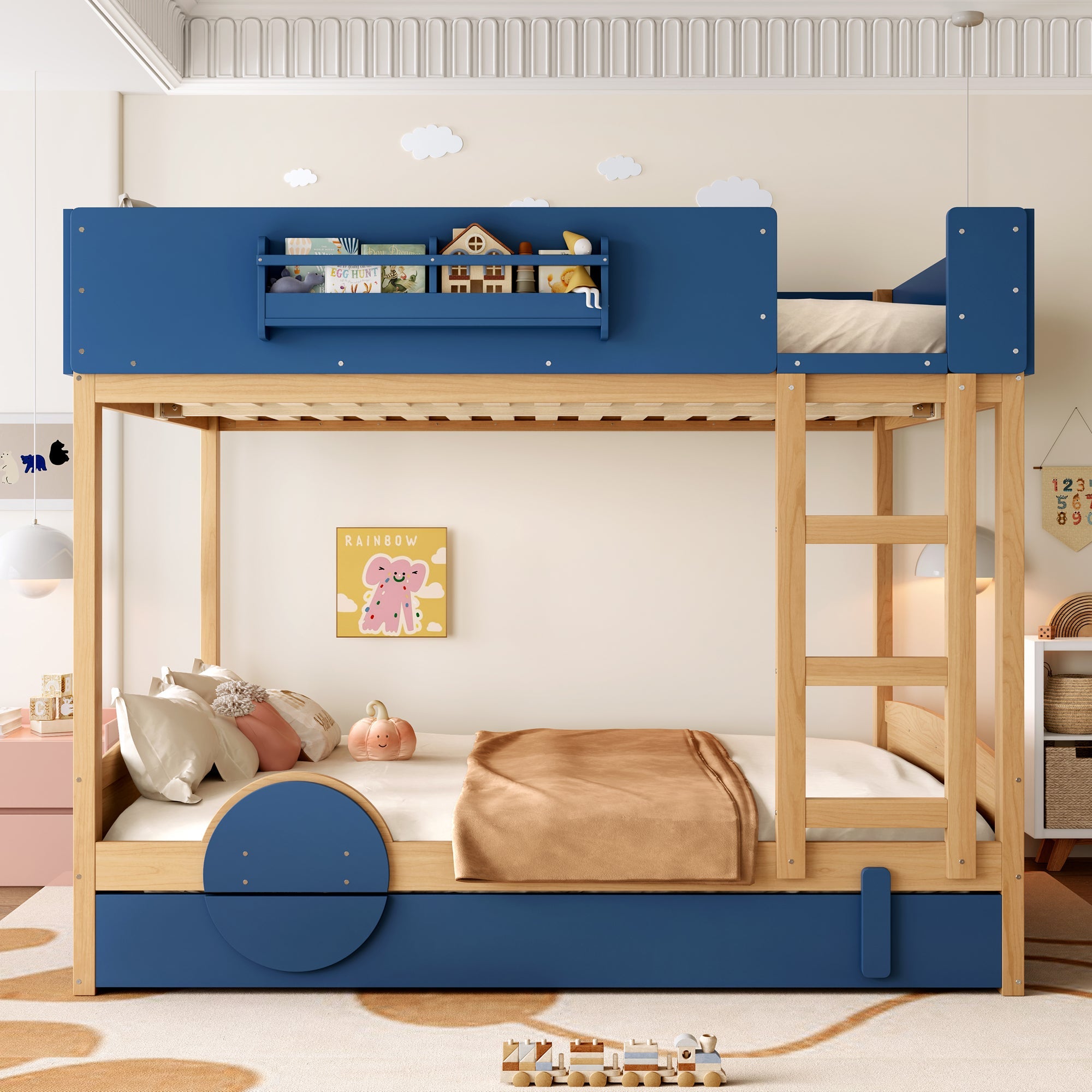 Queen Bunk Bed with Trundle , Wood Bunk Bed Frame with Built-in Bookshelf and High-quality Safety Guardrail,Automobile Form Design for Kids ,Blue＆Natural