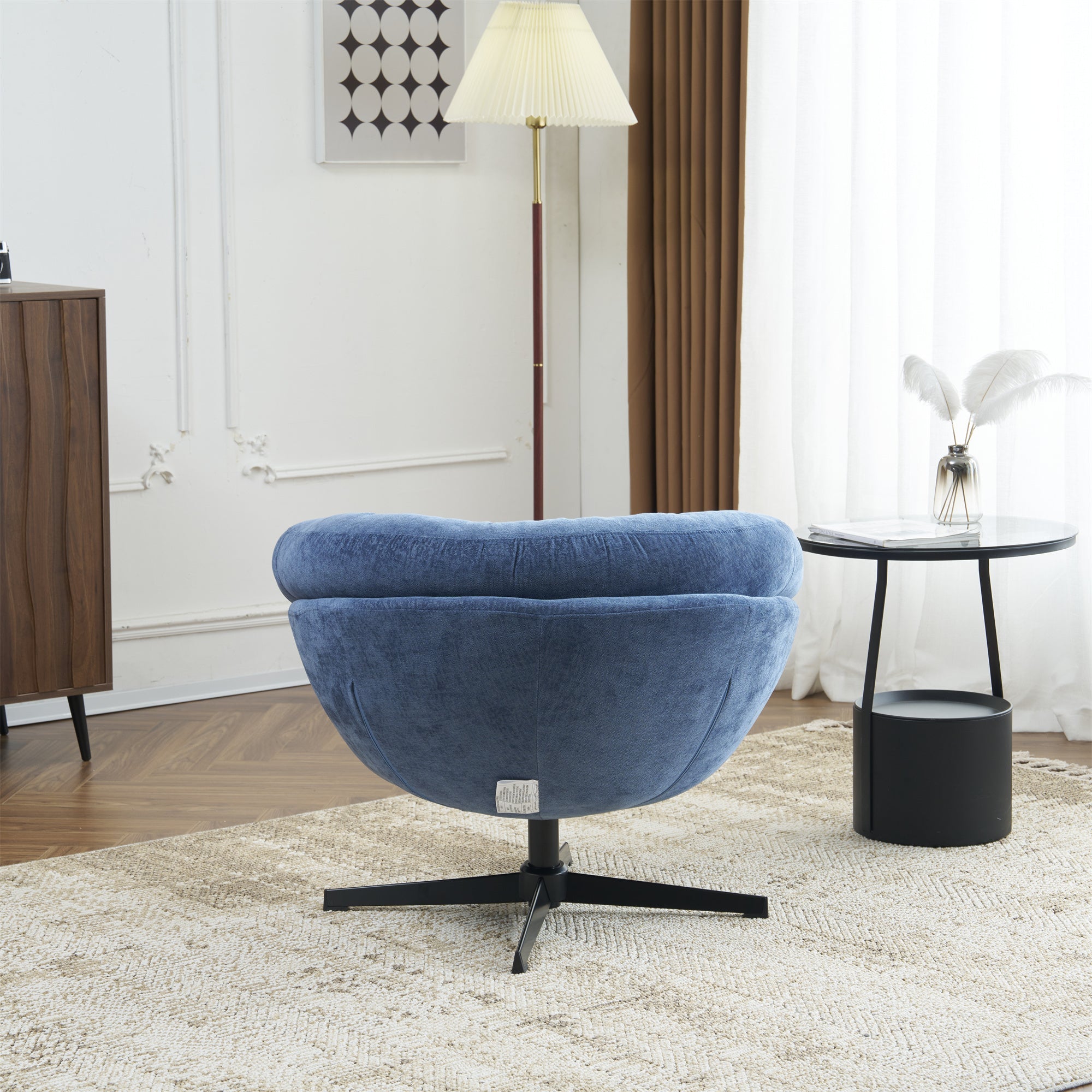 Modern Chenille Office Chair, 360° Swivel Accent Chair with Removable Cushion, Round Office Chair, Black Metal Base, Cotton Material, Living Room, Bedroom, Reading Corner, Office (Navy Blue)