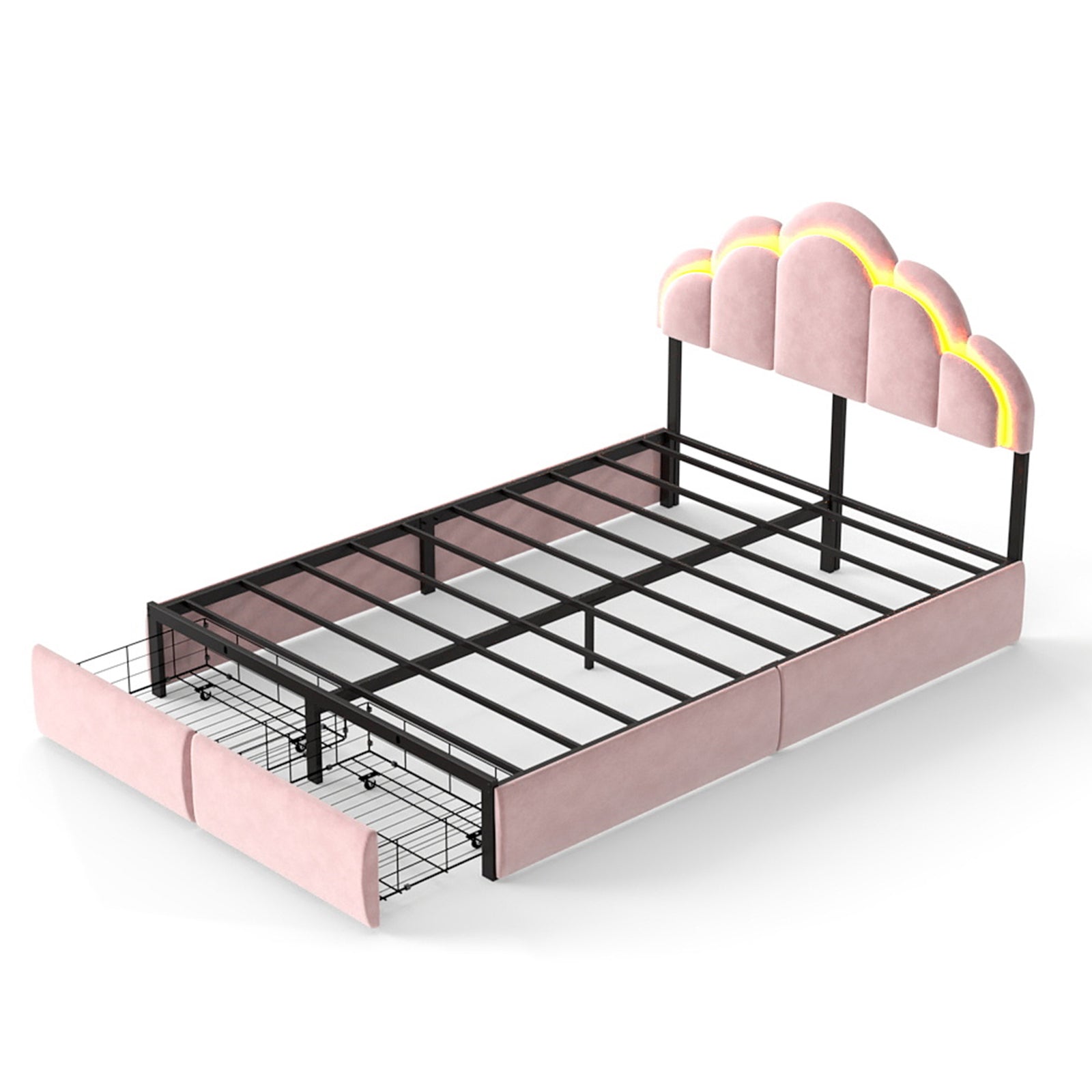 RGB LED Velvet Upholstered Platform Bed with Petal Headboard and Storage Drawers for Kids Bedroom in Pink, Wood+Metal Construction