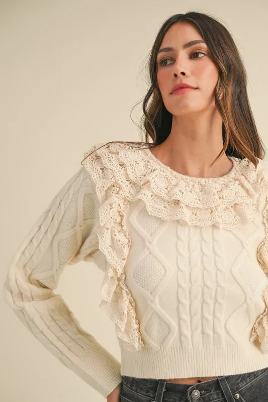 MABLE Ruffled Lace Crochet Sweater