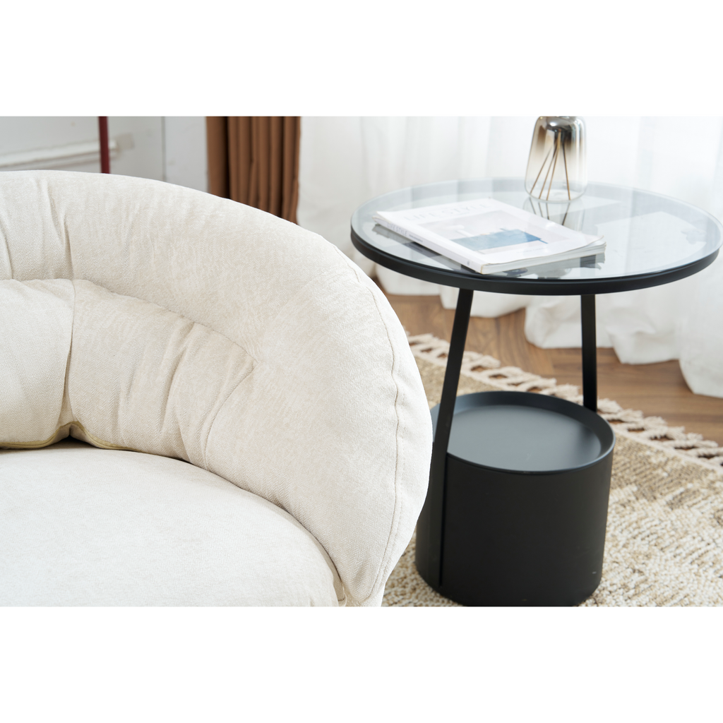 Modern Chenille Office Chair, 360° Swivel Club Chair/Accent Chair with Removable Cushion, Round Office Chair, Black Metal Base, Cotton Material, Living Room, Bedroom, Reading Corner, Office (Beige)