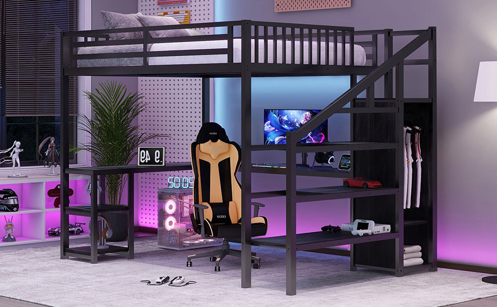 Metal Queen Loft Bed with Wardrobe and LED Light, Queen Size Loft Bed with L Shaped Desk and USB for Kids Teens Adults, Black(Old SKU W2593S00033)