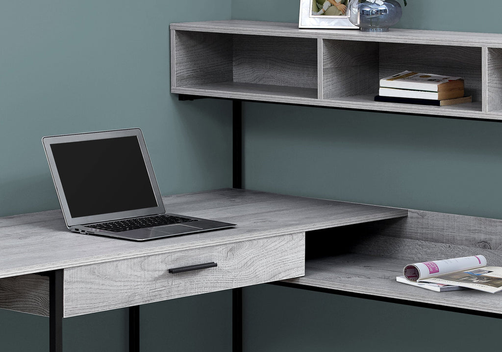 Computer Desk, Home Office, Corner, Storage Drawers, L Shape, Work, Laptop, Grey Laminate, Black Metal, Contemporary, Modern