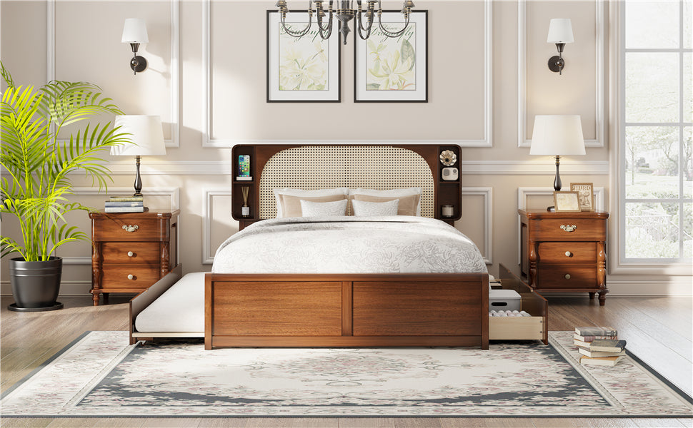 Queen Size Rattan Headboard Bed with Two Drawers and Trundle, Walnut
