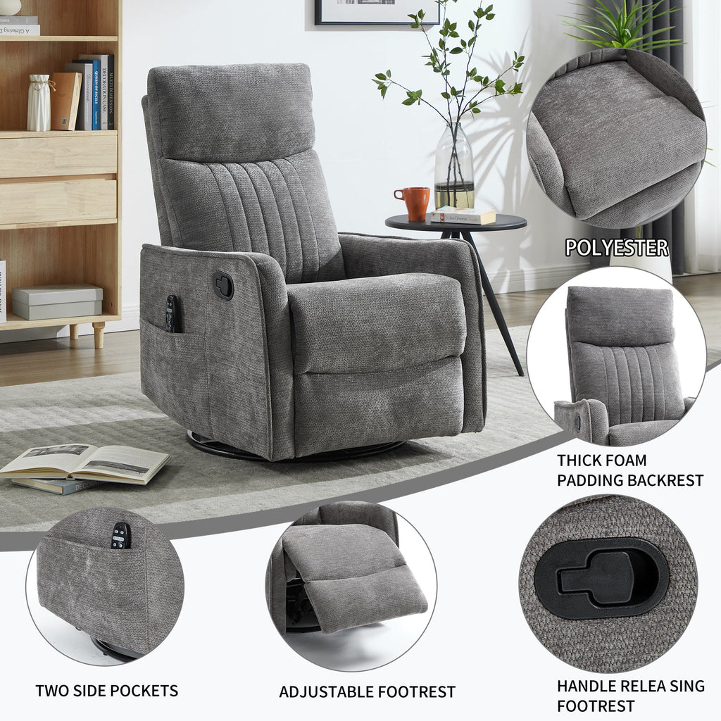 Dark Grey Heat Massage Manual Recliner Chair with Rocker and Swivel in Fabric for Living Room