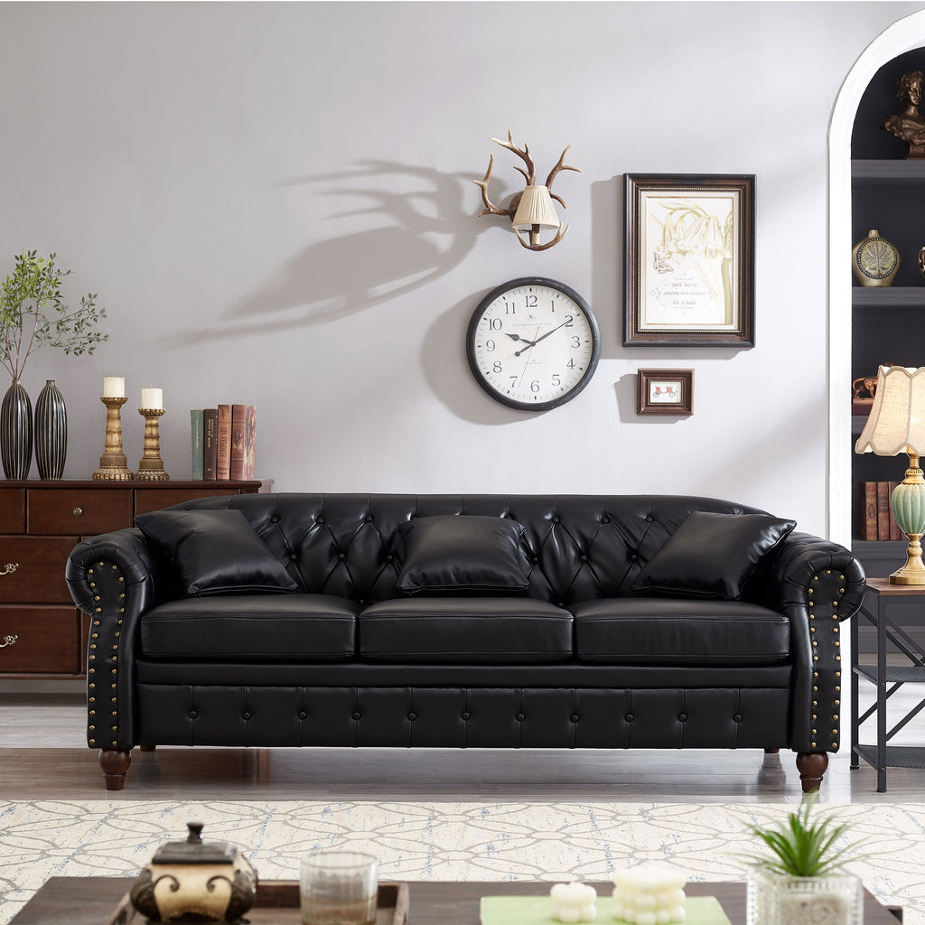 85.8' Living Room Chesterfield Sofa Classic Tufted Design Faux Leather PU Upholstered Sofa with Storage (Black)