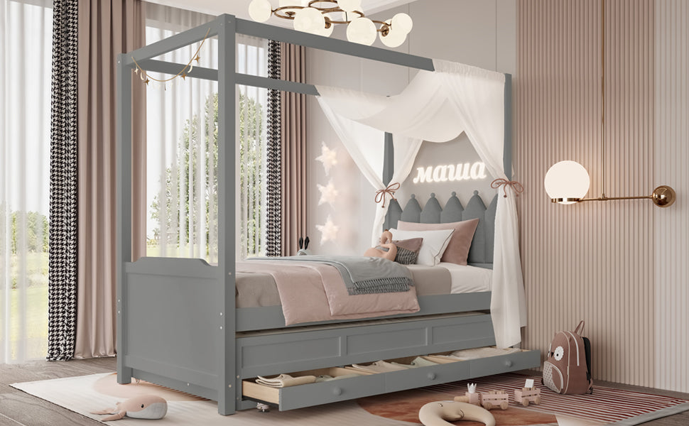 Twin Platform Bed with Upholstered Headboard,Twin Size Trundle and 3 Drawers,Princess Canopy Bed Frame for Kids,Storage & Easy Assembly,Gray