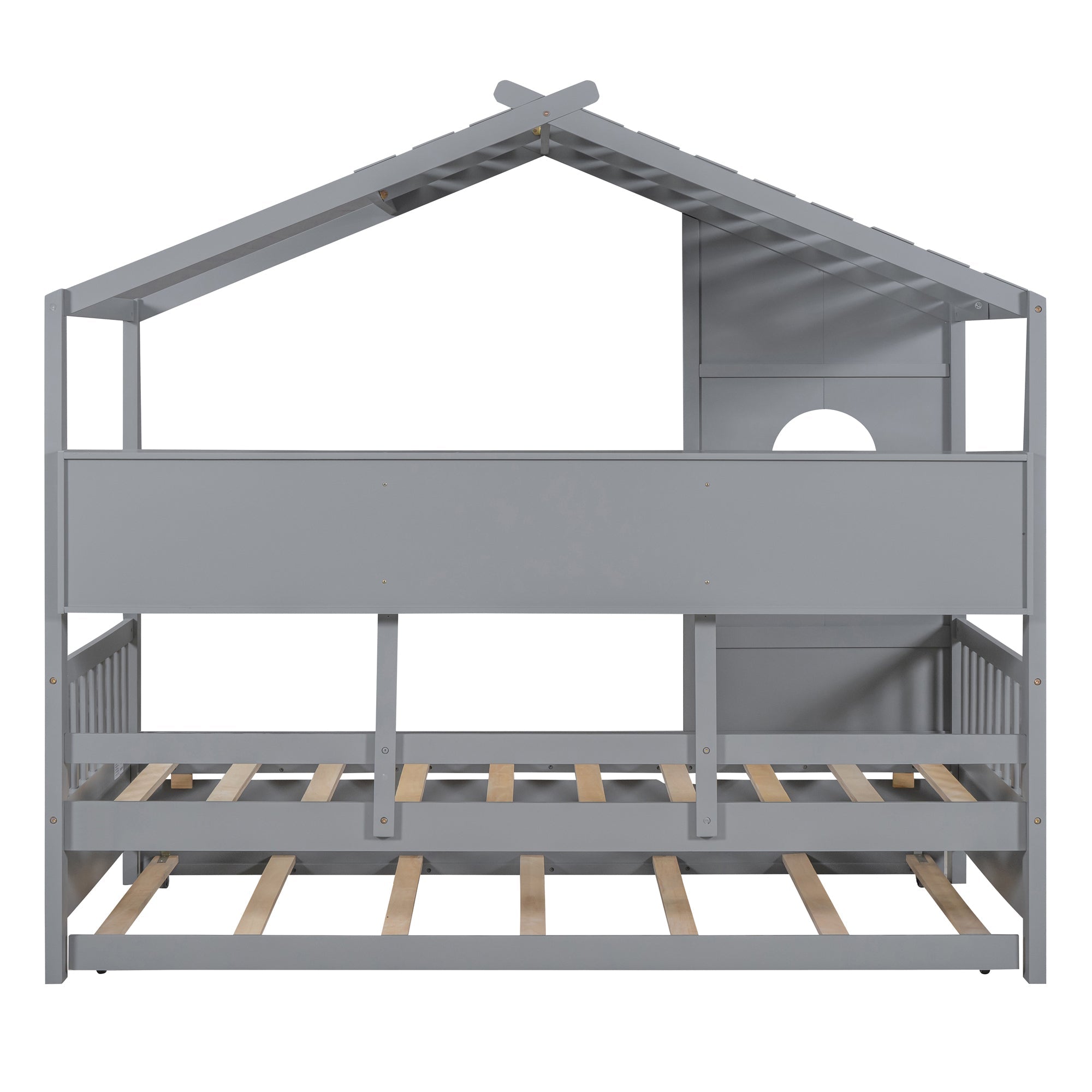 Wooden Twin Size House Bed With Trundle, Modern Design for Kids with Storage Shlef, Gray(old SKU HL000094AAE)