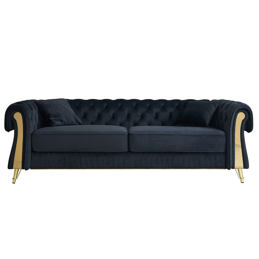 89''W Chesterfield Modern Tufted Velvet Living Room Sofa with Two Seat Cushions and Two Toss Pillows,Black