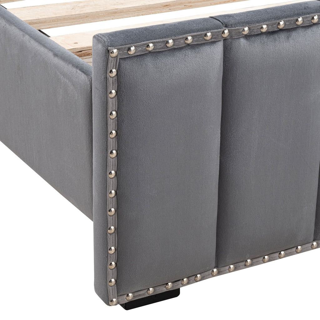 Contemporary 3pc Bedroom Set Full Size Bed 2x Nightstands Bedroom Furniture Dark Gray Fabric Upholstered Bedframe w LED Nailhead Trim