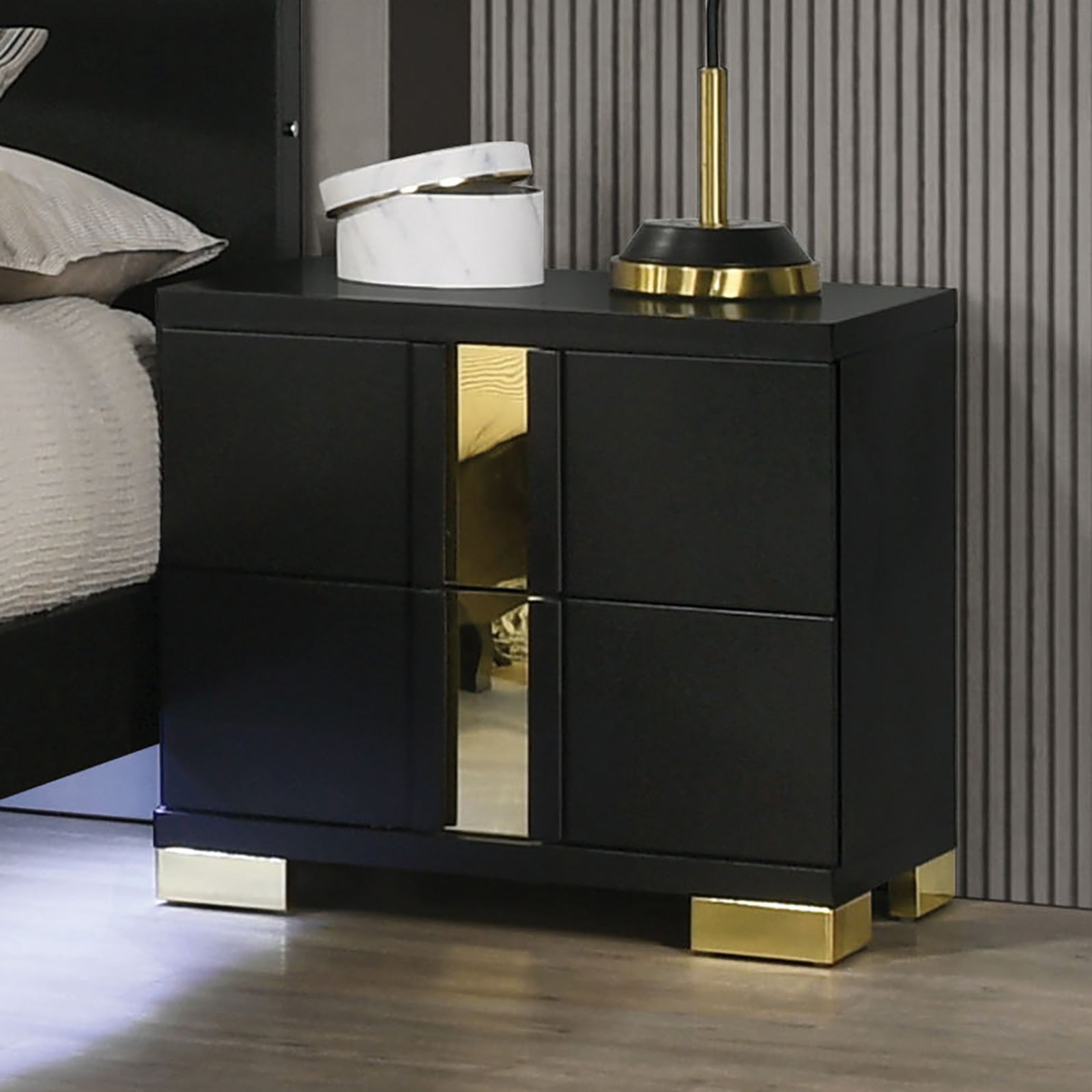 Modern Black 3pc Bedroom Set Queen Size Bed w LED 2x Nightstands Mattress Ready Furniture Acrylic Trim