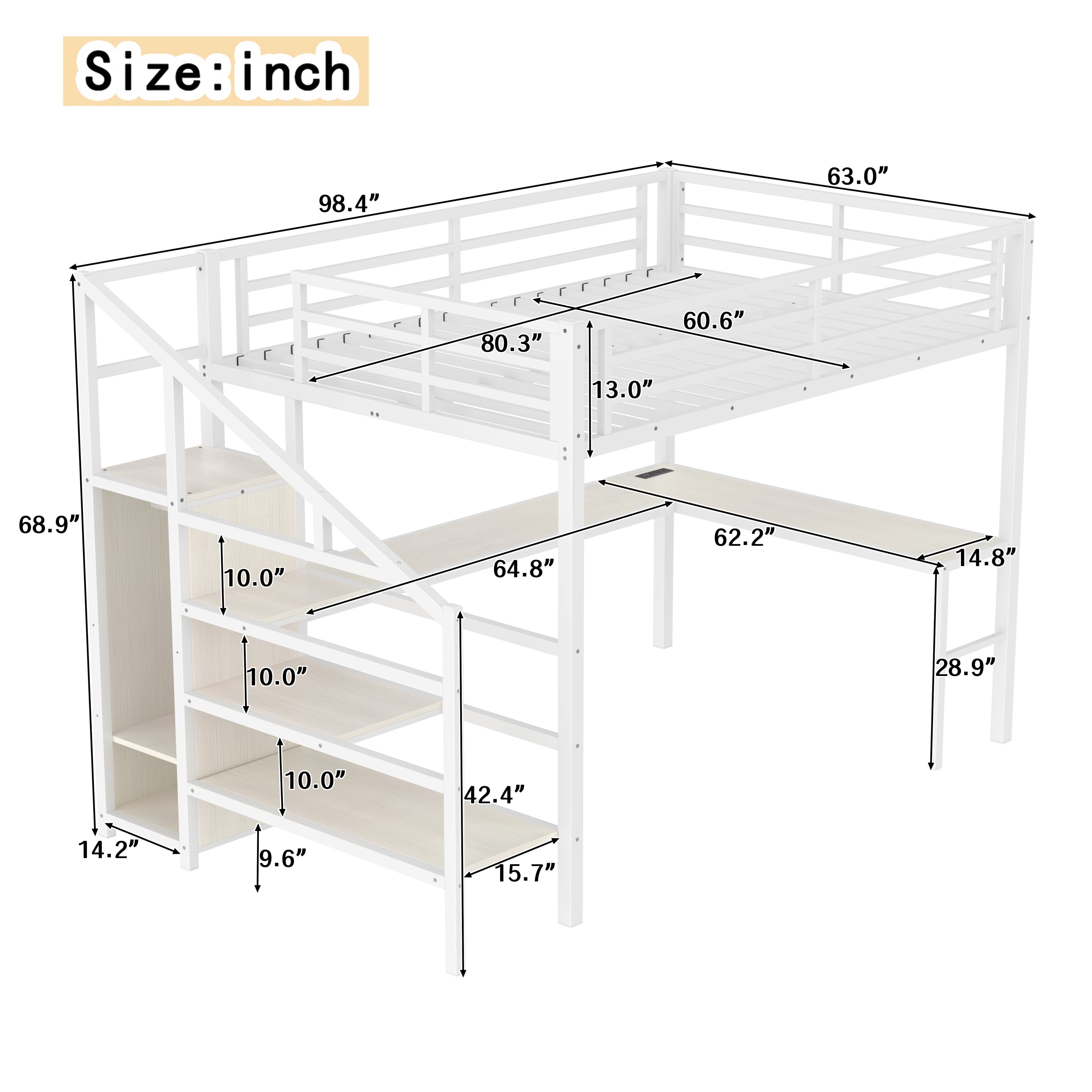 Queen Size Loft Bed with L-shaped Desk and USB, Metal Loft Bed with Wardrobe and Adjustable Shelf, High Loft Bed with LED for Kids Teens Adults, White Wood-grain