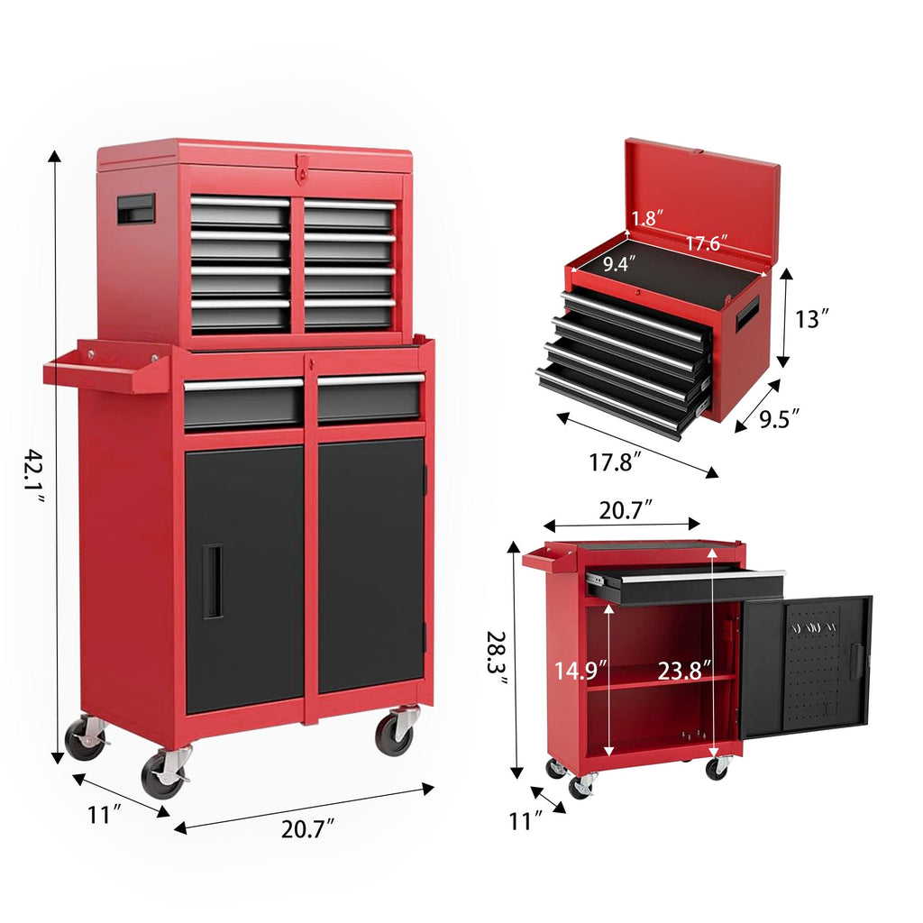 Tool Chest, 5-Drawer Rolling Tool Storage Cabinet with Detachable Top Tool Box, Liner, Universal Lockable Wheels, Adjustable Shelf, Locking Mechanism, Metal Tool Cart for Garage Workshop