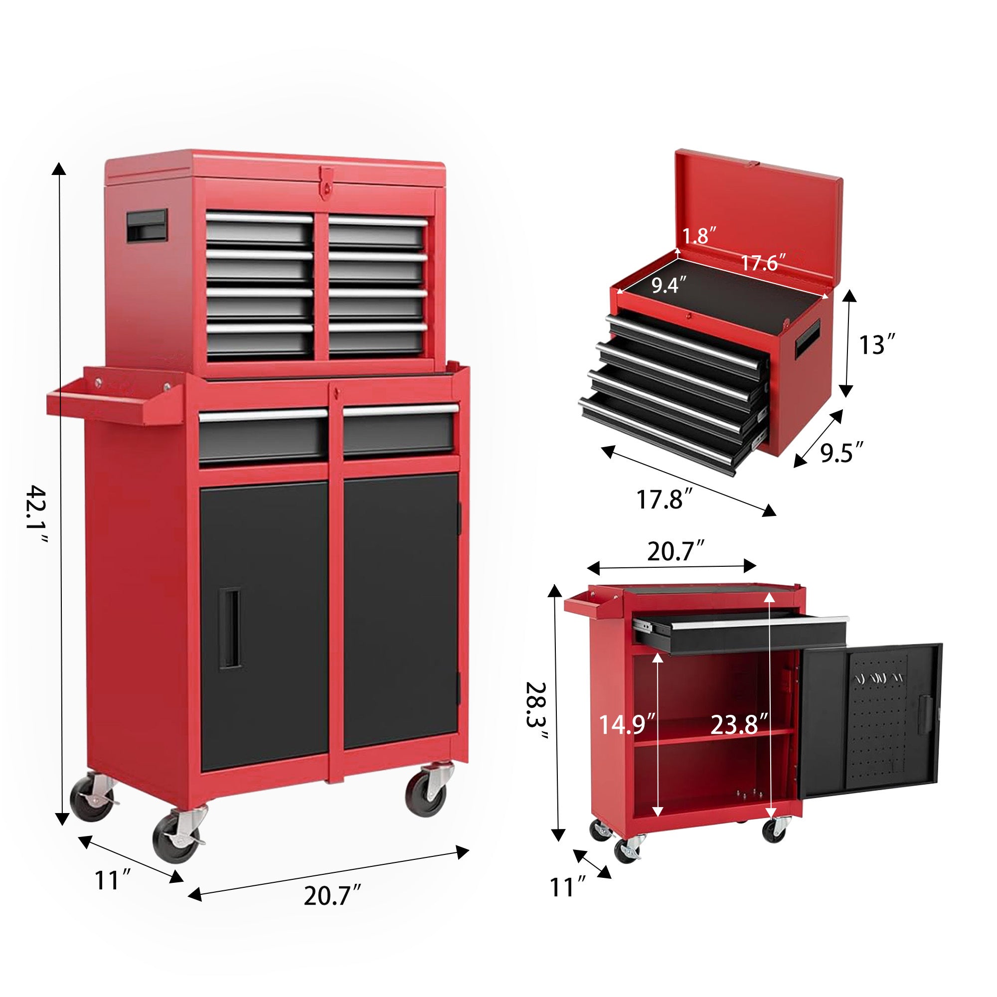 Tool Chest, 5-Drawer Rolling Tool Storage Cabinet with Detachable Top Tool Box, Liner, Universal Lockable Wheels, Adjustable Shelf, Locking Mechanism, Metal Tool Cart for Garage Workshop