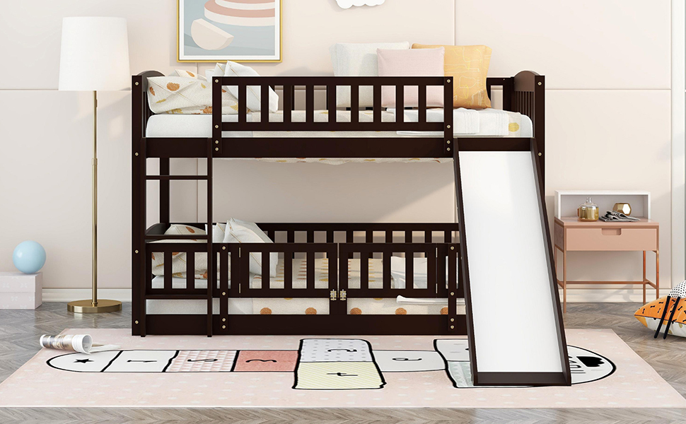 Bunk Bed with Slide,Twin Over Twin Low Bunk Bed with Fence and Ladder for Kids Teens Espresso