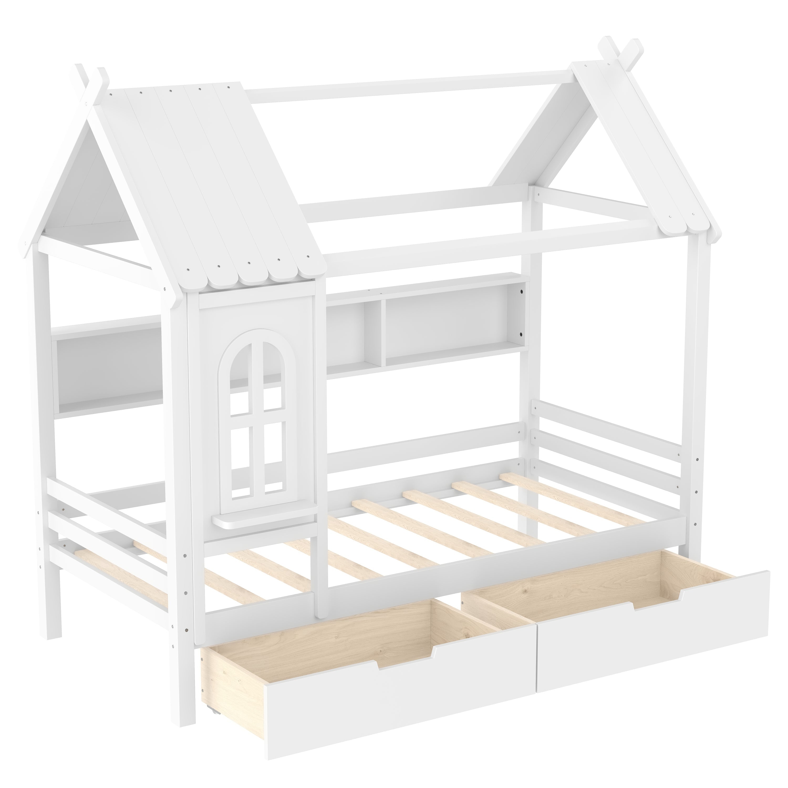 Twin house Beds with Storage Drawers and Window, Solid Wood House Platform Bed Frame with shelves, for Kids, Girls, Boys, No Spring Box Needed and Childlike Design, White