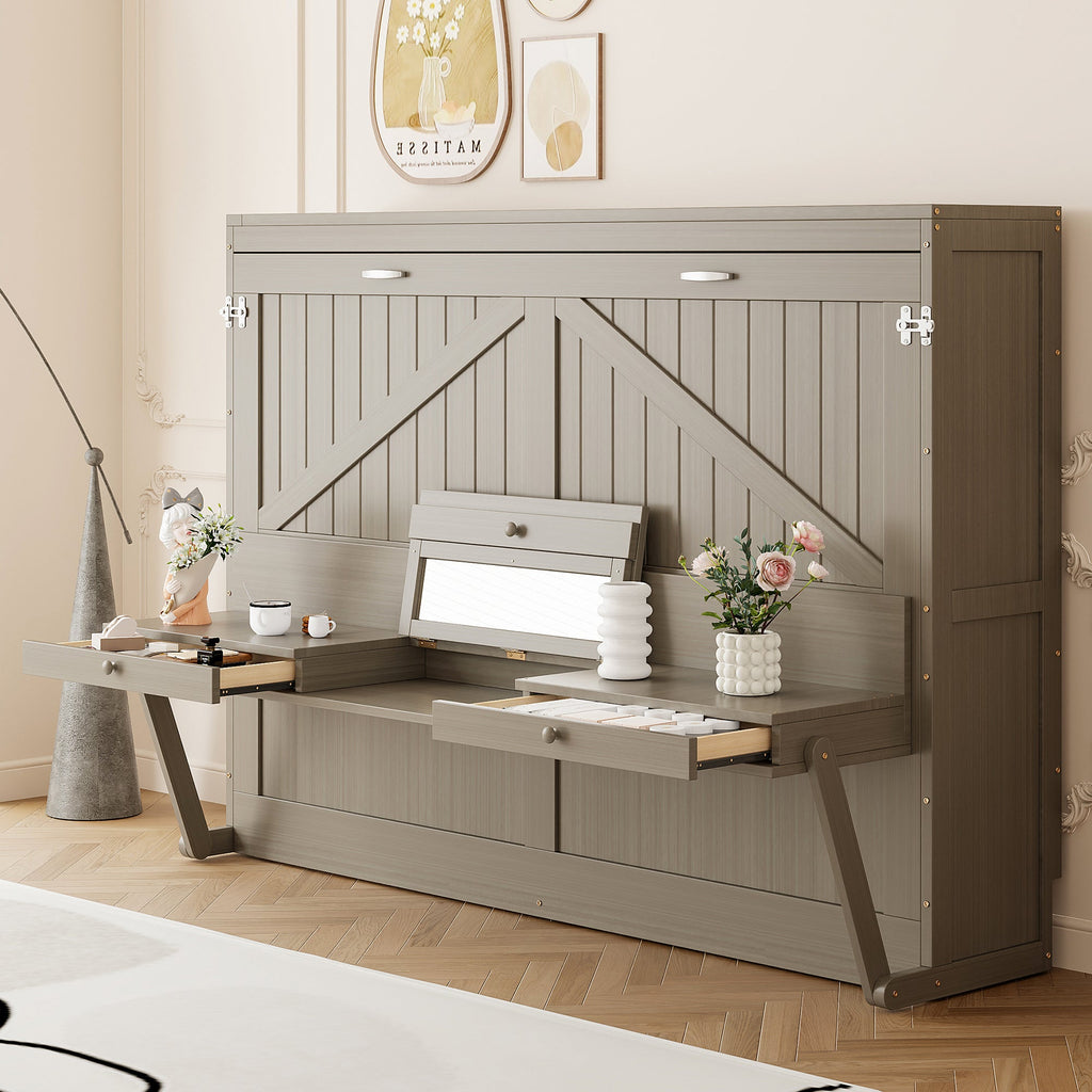 Queen Size Wall Murphy Bed with Storage, Foldable Cabinet Bed with Vanity Desk, Center Mirror & 2 Side Drawers, Distressed Gray