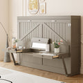 Queen Size Wall Murphy Bed with Storage, Foldable Cabinet Bed with Vanity Desk, Center Mirror & 2 Side Drawers, Distressed Gray