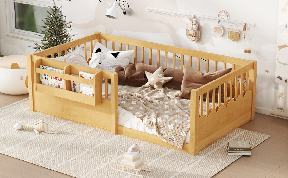 Twin Floor bed with Heightened Fence and bookshelf ,Wood Floor Bed for Kids, Natural.